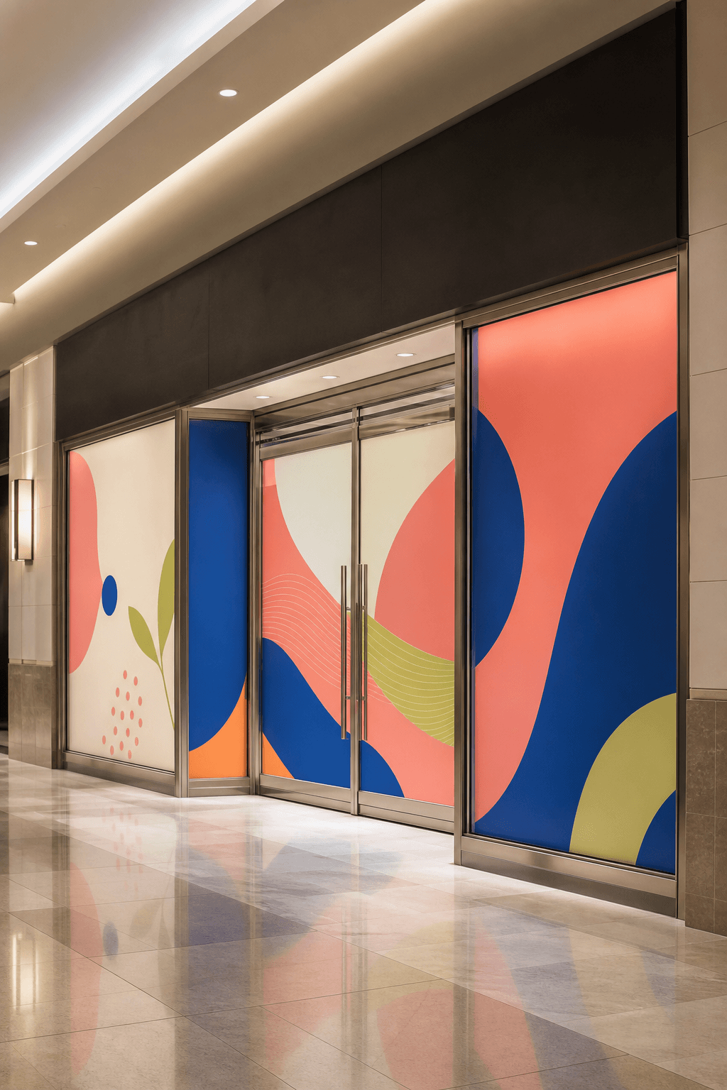 Visualisation of colourful shop window graphics in a shopping centre
