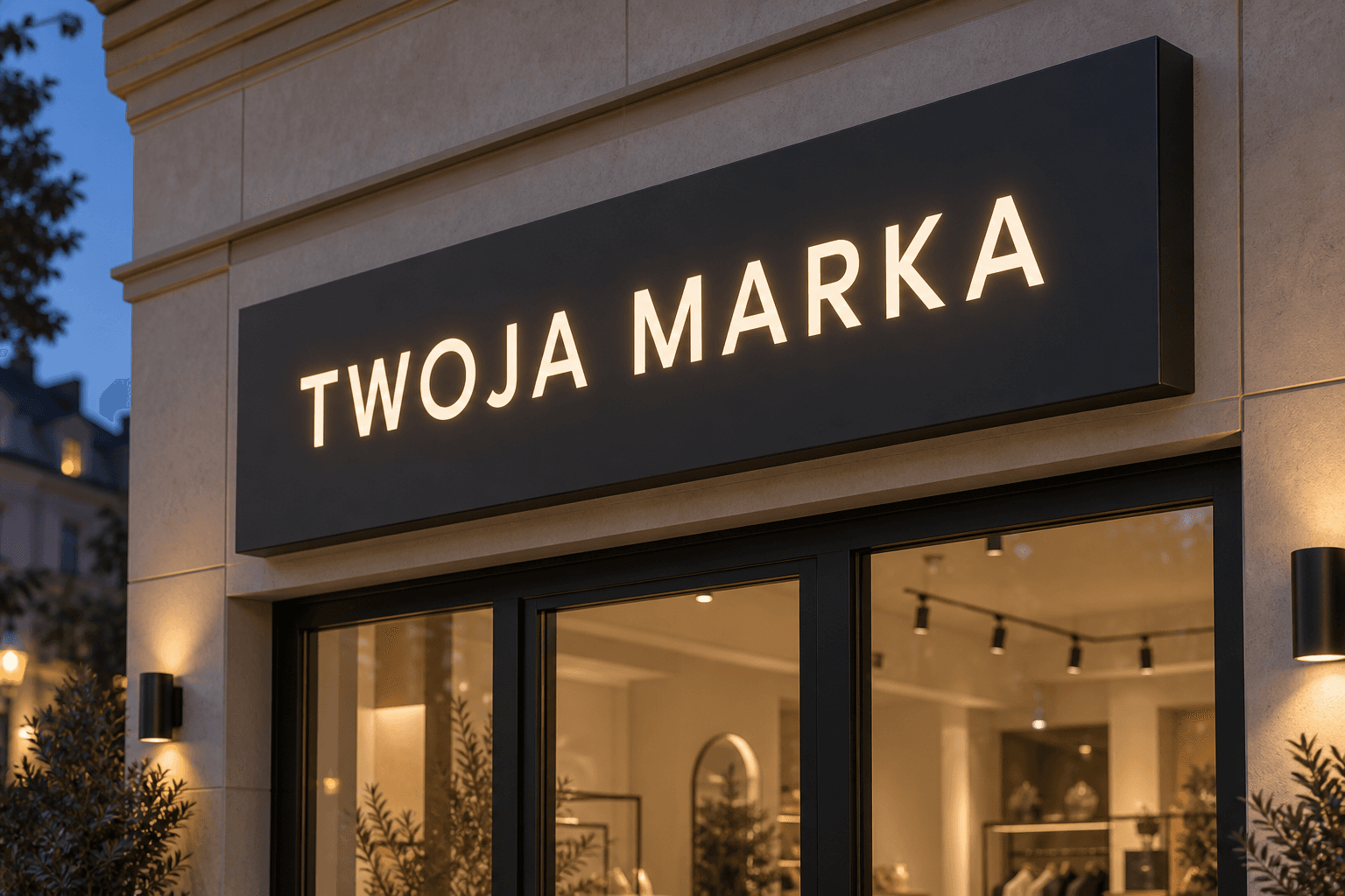 Ciemny kaseton na elewacji: świecą tylko wycięte litery TWOJA MARKA