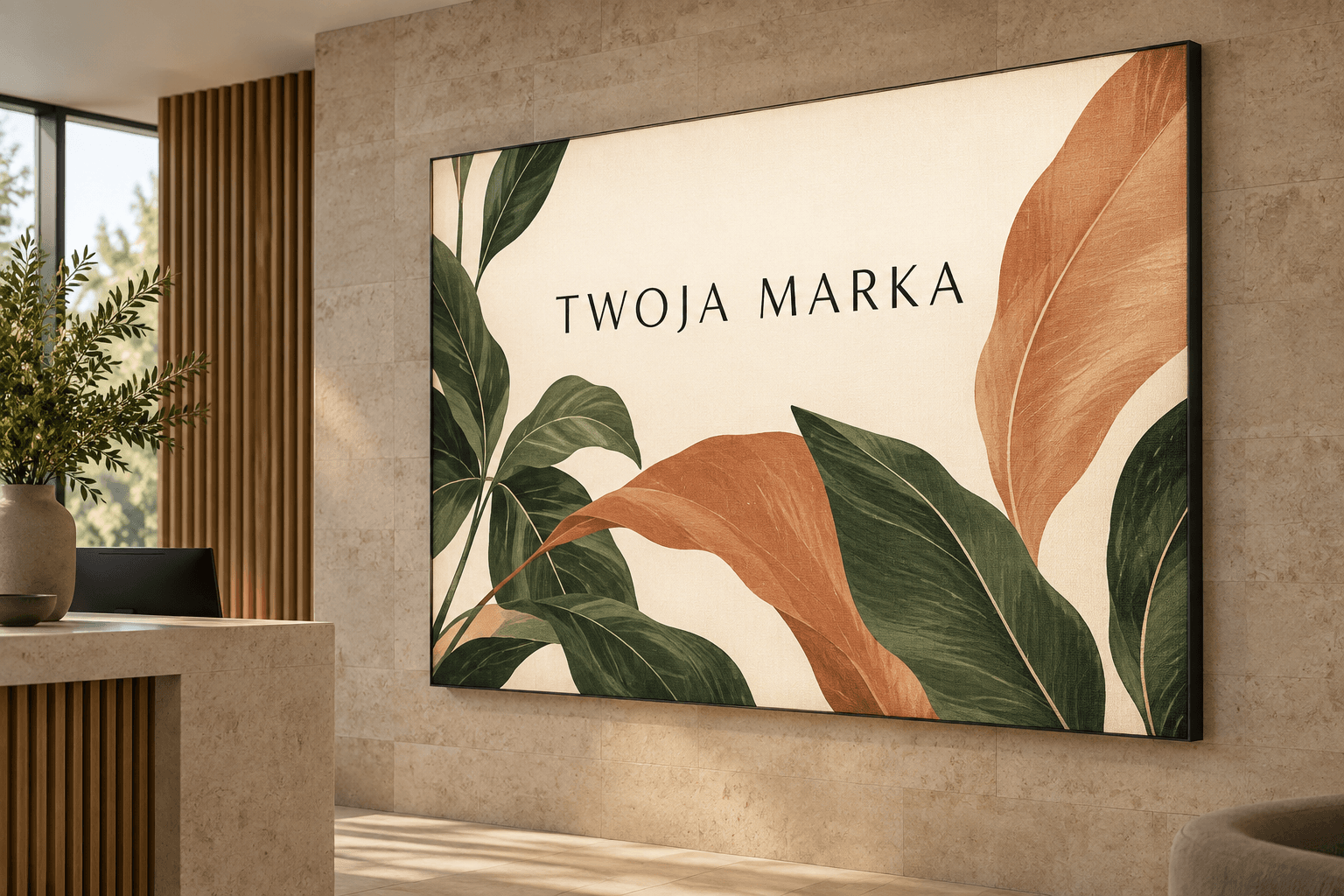 Fabric lightbox with a backlit botanical graphic in a slim frame on a reception wall