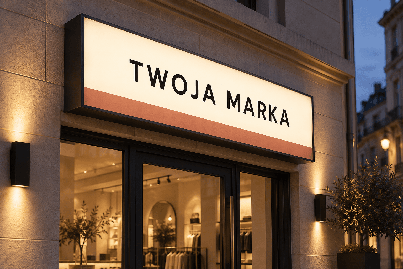Leuchtkasten über einem Schaufenster: Die gesamte helle Front mit dunklem Schriftzug ist hinterleuchtet